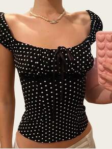 Women's Y2K Polka Dot Milkmaid Tops Cap Sleeve Square Neck Tie Front Ruched Bust Slim Fit Shirts Vintage Casual Going Out Tops Streetwear Coquette Aesthetic Clothes Summer Tee - 黑色 - 查看 3