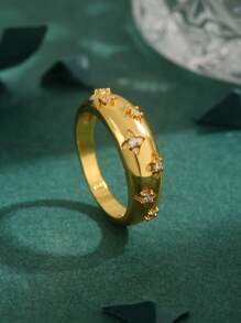 1枚高品质欧美立方氧化锆镀18K铜四叶草星空设计戒指，女士礼物，日常佩戴 - 金黃色 - 查看 1