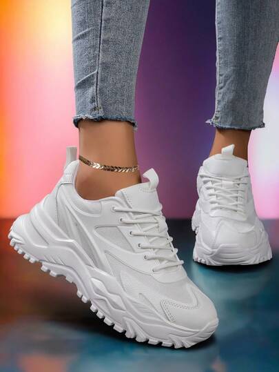 Women's Simple White Casual Sneakers, Light And Breathable, Anti-Skid And Wear-Resistant Design, Platform Heightened Daddy Shoes, Suitable For Daily Commuting And Outdoor Walking.