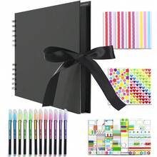Scrapbook Photo Album, A4 Black Scrapbook With 80 Pages, DIY Memory Photo Books For Baby Family Wedding Birthday Graduation, Small Scrap Book Kit With Gel Colouring Pens Photo Corners Sticker - Black - View 2