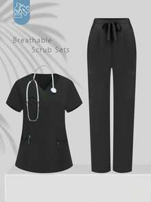 V领多口袋腰带手术服护士服工作服牙医医疗保健宠物医院实验室制服套装 - 黑色 - 查看 1