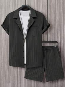 Simple And Elegant Men's Suit With Short-Sleeved Shirt, Short-Sleeved Shirt + Shorts, Fashionable Summer Men's Suit With Lapel, Suitable For Beach Vacations And Leisure At Home. - 黑色 - 查看 1