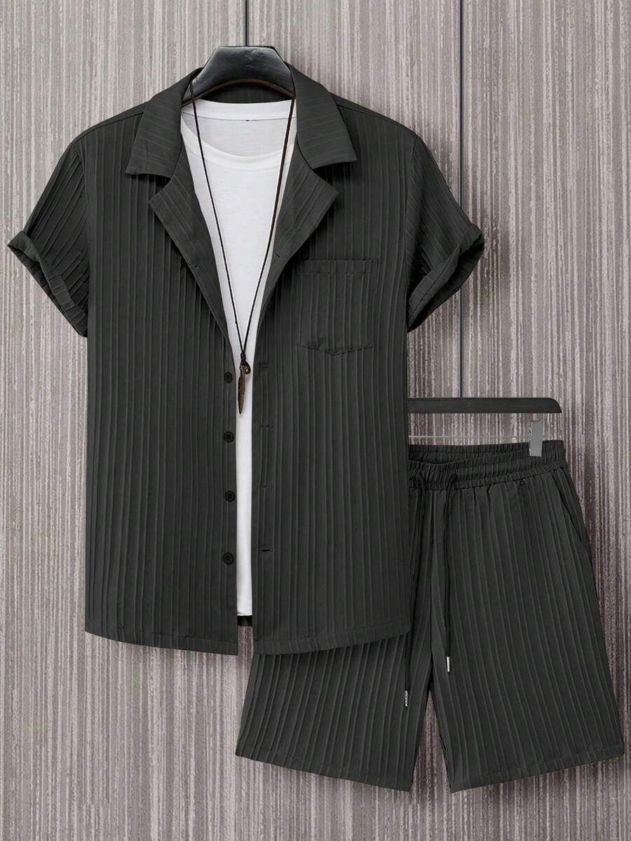 Simple And Elegant Men's Suit With Short-Sleeved Shirt, Short-Sleeved Shirt + Shorts, Fashionable Summer Men's Suit With Lapel, Suitable For Beach Vacations And Leisure At Home. - 黑色 - 查看 1