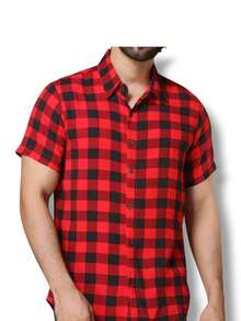 New Men's Short Sleeve Social Plaid Shirt - Merah - View 1