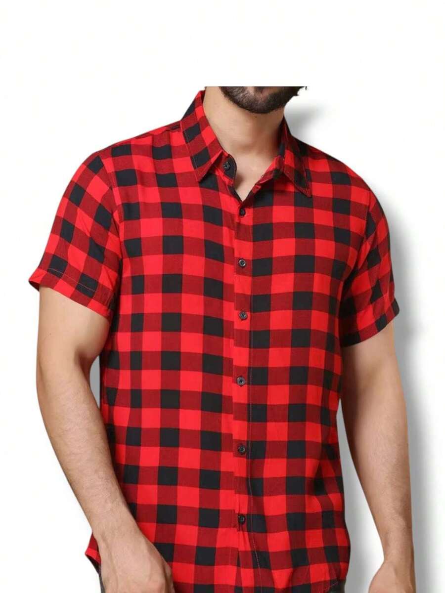 New Men's Short Sleeve Social Plaid Shirt - Merah - View 1