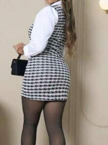 Midi Dress Plaid Houndstooth Color Block Cut And Sew Tweed Knit Zipper Dress Office Evening Holiday Birthday Party Evening Work Formal & Evening Dressy & Casual Airport Wear - Đen và trắng - Xem 4