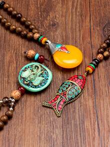 Dây chuyền mặt hình cá kiểu Nepal cổ điển, dây chuyền dài làm thủ công bằng hạt gỗ, phụ kiện văn hóa độc đáo, chế tác tinh xảo, hạt nhiều màu sắc. - Nhiều màu - Xem 4