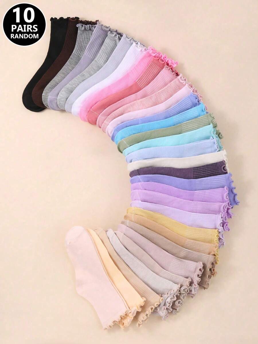 10 Pairs Random Women Solid Ruffle Trim Casual Socks For Daily Life, Back To School Teens Running Hiking Trainer Socks, Travel Camping Socks Holiday Birthday Gift Christmas Xmas Gift - Multicolor - View 1