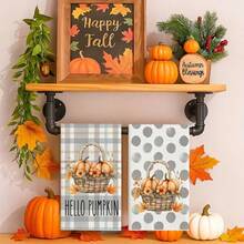 Un set de 2 bucăți de prosoape cu tematică de toamnă de Ziua Recunoștinței, concepute cu prosoape imprimate cu model de dovleac și frunze de arțar, lavabile la mașină, rezistente la căldură, absorbante și reutilizabile, potrivite pentru decorarea camerei, prosoape de bucătărie și baie, decorarea petrecerilor, decorarea casei, fiind un cadou ideal pentru toamnă și Ziua Recunoștinței. - Multicolor - Vizualizare 7