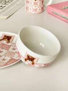 Cute Checkered Bear Covered Ceramic Dinnerware Set, Pink Girly Breakfast Bowl & Plate - Multicolor - View 7