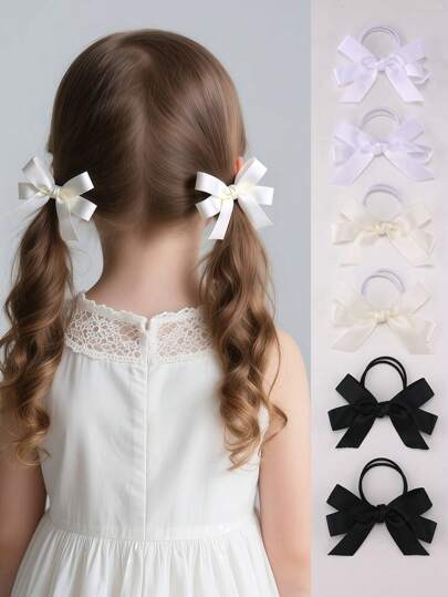 2pcs/6pcs Girls Simple Ribbon Bow Hair Ties Set, Decorative For Daily And Back To School Season