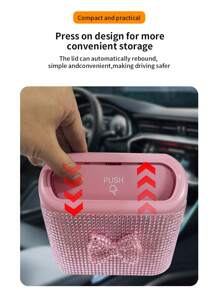 Car-Mounted Cute Bow Diamond-Studded Trash Can, Portable Press-Type Car Trash Can, Sparkling Diamond Trash Can, Car Decorative Trash Can
