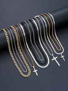 3-55 件男士休闲嘻哈不锈钢十字架多层项链首饰套装，不锈钢手链、戒指、皮革手链、方晶锆石耳环，适合日常佩戴、约会、生日、节日礼物（无盒） - 男士飾品 - 查看 8