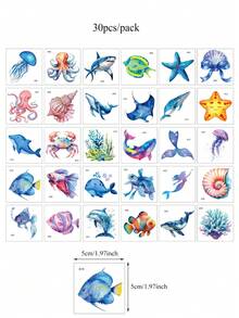 30 片防水卡通纹身贴，鱼、章鱼、水母、鲸鱼、鲨鱼海洋主题图案临时纹身，适合身体艺术，可爱假纹身 - 彩色 - 查看 10