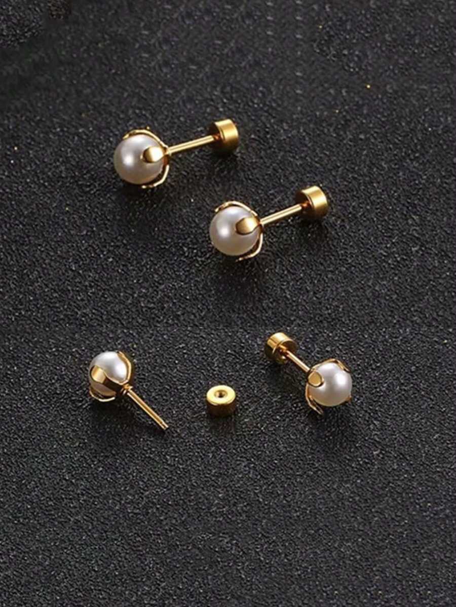 1 对/2 件简约复古小香风圆形纽扣仿珍珠耳环女士不锈钢首饰