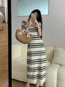 Rayas de manga corta vestido de punto de las mujeres la primavera y el verano Slim estilo casual perezoso falda de longitud media Vestidos largos de mujer - Albaricoque - Ver 1