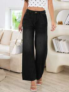 Women's Loose Button Front Wide Leg Plus Size Jeans, Casual And Fashionable-Fall Clothes For Women - Black - View 2