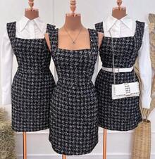 Midi Dress Plaid Houndstooth Color Block Cut And Sew Tweed Knit Zipper Dress Office Evening Holiday Birthday Party Evening Work Formal & Evening Dressy & Casual Airport Wear - 灰色 - 查看 5