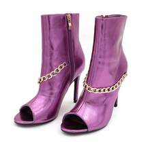 Women's Peep Toe Ankle Boots, Gold Chain Detail, High Heel: Stylish Design, Non-Slip Rubber Sole, Latex Insole For Comfort, Perfect For Shopping, Parties, And Casual Outings  Fashionable    Polyester - METALLIC PURPLE - 查看 4