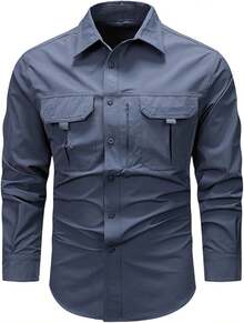 Men's Shirt With Multiple Pockets, Quick-Drying And Breathable, Suitable For Outdoor Hiking And Mountaineering; Simple Solid-Color Men's Shirts, Suitable For Spring, Summer, And Autumn Wear. - 霧霾藍 - 查看 1