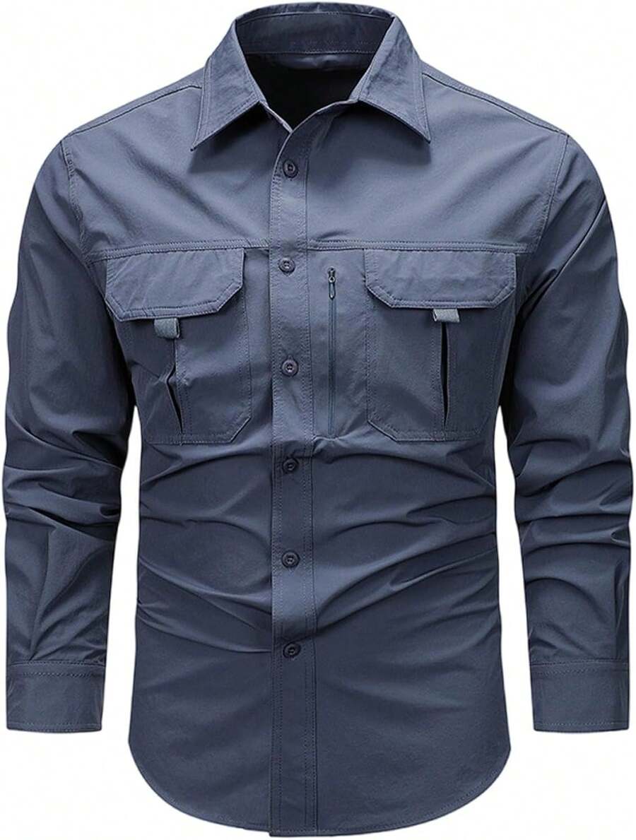 Men's Shirt With Multiple Pockets, Quick-Drying And Breathable, Suitable For Outdoor Hiking And Mountaineering; Simple Solid-Color Men's Shirts, Suitable For Spring, Summer, And Autumn Wear. - 霧霾藍 - 查看 1