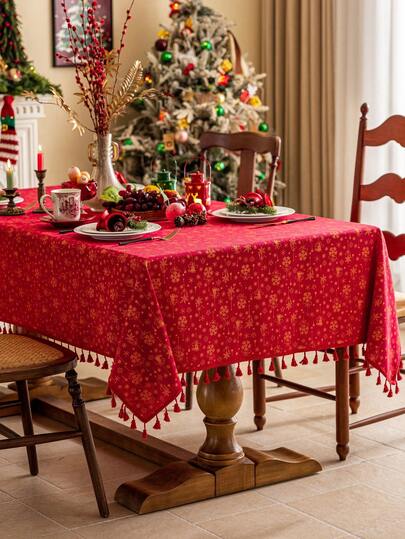 1pc Red Christmas Tablecloth, Christmas Metallic Jingle Bells, Rectangular Tablecloth With Red Tassel Decor, Washable, Dining Table Cover, Holiday Home Decor, Party Tablecloth, Bedside Cabinet Cover, Festive Decoration Suitable For Kitchen, Dining Room, Gathering, Wedding, Holiday, Party, New Year, Christmas Decor, Gift, Merry Christmas