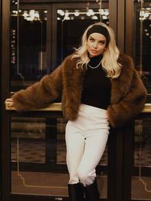 TRAFZA 女款冬季人造毛皮草百搭高端蓬松都市风格辣味豹纹夹克 - 棕色 - 查看 8