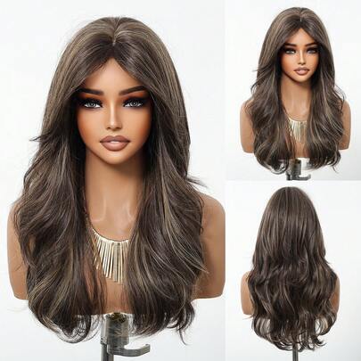 22英寸棕色渐变中长波浪卷假发，带刘海，采用耐热合成材料制成，适合女性，时尚配饰，节日礼物，适合日常、派对或假日旅行。