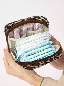 Leopard Print Sanitary Napkin Storage Bag, Minimalist Corduroy Functional Storage Bag Portable Menstrual Cup Bag, Menstrual Pad Bag, Sweet Corduroy Square Makeup Toiletry Storage Bag, Sanitary Napkin Bag, Menstrual Cup Storage Bag, First Menstrual Cycle Bag - Multicolor - View 5