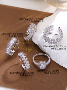 5pcs Elegant Cubic Zirconia Flower Open Copper Ring Set, Suitable For Women's Daily, Party And Wedding Wear - Silver - View 3