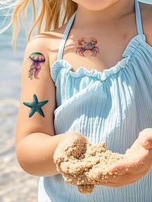 30 片防水卡通纹身贴，鱼、章鱼、水母、鲸鱼、鲨鱼海洋主题图案临时纹身，适合身体艺术，可爱假纹身 - 彩色 - 查看 5