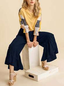 Women's High Waist Palazzo Pants - Elastic Stretchy Wide Leg Lounge Pants With Ruffle Ruched Detail, Loose Fit Boho Beach Trousers For Vacation Summer Casual - Màu xanh lam - Xem 3