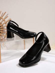 WiteFit 女士黑色漆皮时尚高跟鞋，圆头厚底玛丽珍防水厚底鞋，四季皆宜，宽楦设计 - 黑色 - 查看 4