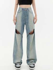 Women' Y2K Ripped Jeans Casual Straight-Leg Baggy Wide-Leg Hollow-Out Design Fashion Denim Pants Street Style Harajuku Clothing