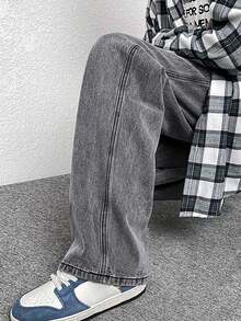 宽腿直筒牛仔裤，无弹力，高端简约百搭水洗直筒牛仔裤，抽绳松紧腰带，四季皆宜的休闲裤 - 淺灰色 - 查看 3