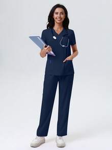 V-Neck Solid Color Pocket Short Sleeve Top And Pants Uniform Set Spring - Navy Blue - View 6