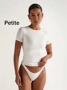 Camiseta casual básica blanca de mujer con cuello redondo, manga corta, ajuste ceñido y deportivo de XLLAIS Petite