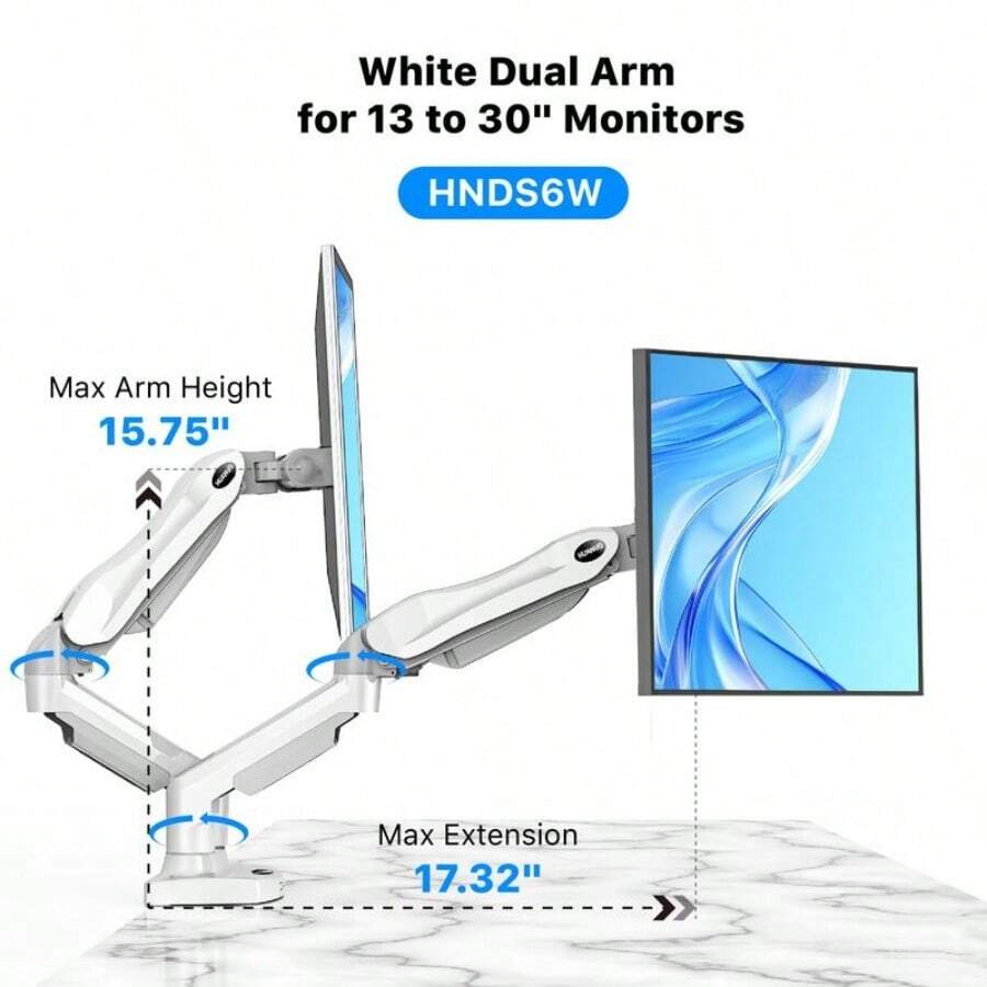 Dual Monitor Arm Adjustable Gas Spring Monitor Mount For Gaming And Home Office Setups, Monitor Arm Hold Up To 30" With 19.8 Lbs Max Weight And C-Clamp Or Grommet Hole Mounting - 白色雙顯示器支架(支援 13 至 30 吋) - 查看 1