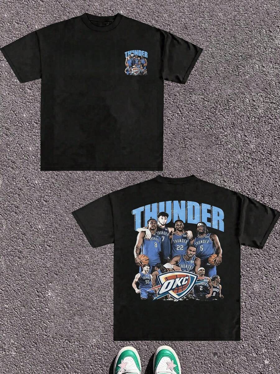 OKC Thunder Team Retro Double Sided Digital Printed 100% Cotton TShirt 1pcs Men's Short Sleeved Vintage Tee 220g Heavyweight Basketball Graphic Tee