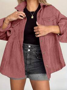 Chaqueta de pana rojo vino talla grande para mujer, diseño con bolsillo delantero, chaqueta camisa casual, hombros caídos, adecuada para uso diario y vacaciones, otoño/invierno