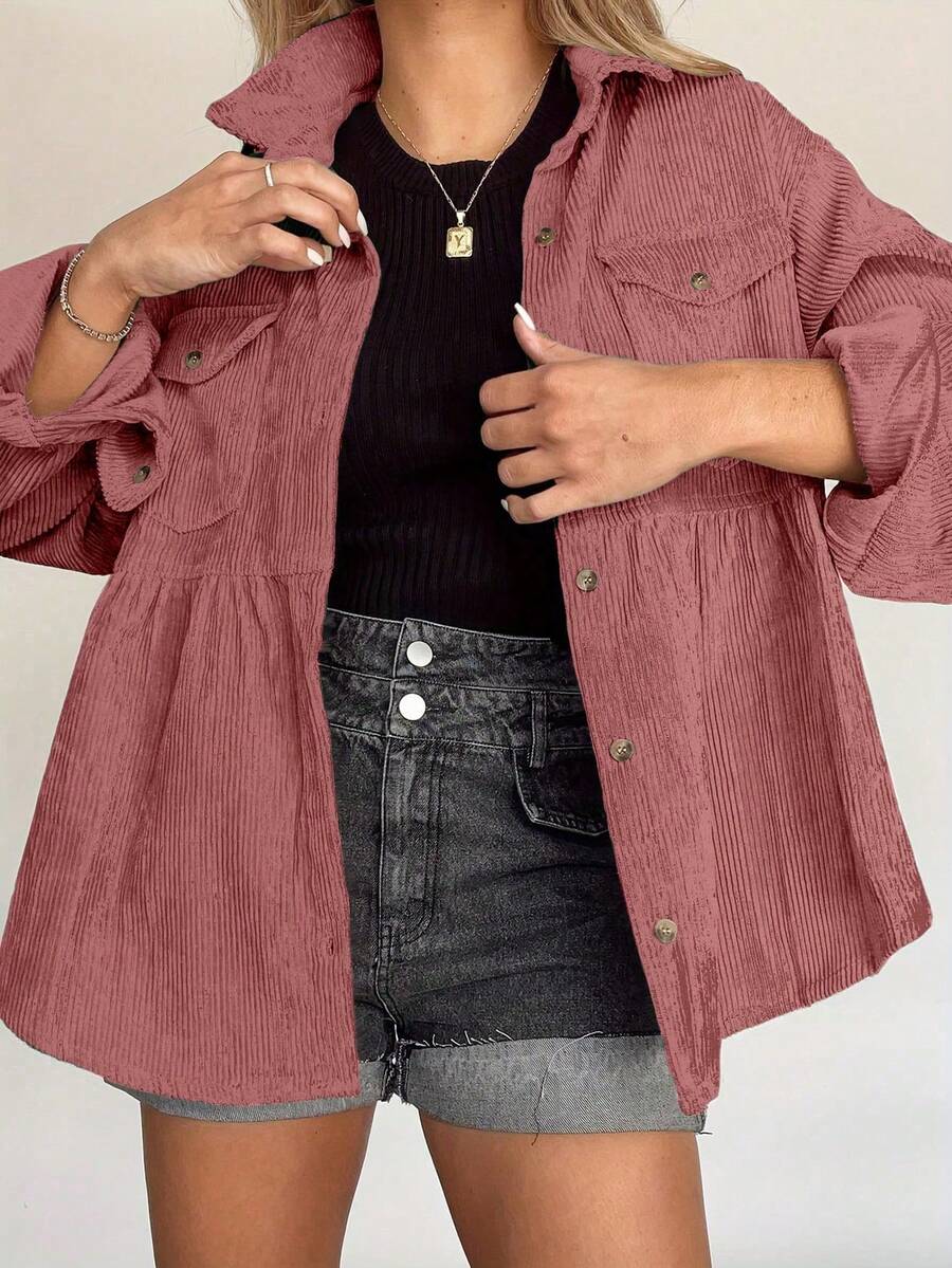 Chaqueta de pana rojo vino talla grande para mujer, diseño con bolsillo delantero, chaqueta camisa casual, hombros caídos, adecuada para uso diario y vacaciones, otoño/invierno