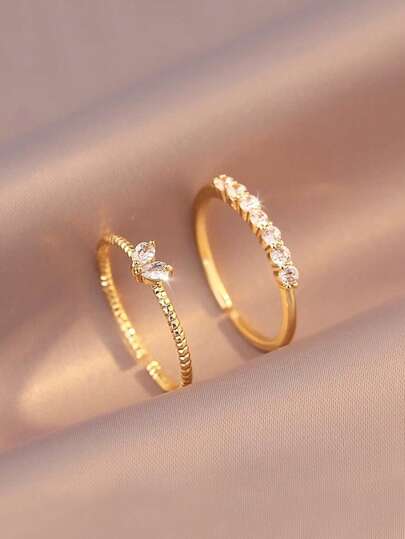 2pcs Elegant Luxury Copper Alloy Zirconia Inlaid Petite Heart Design Simple Casual Women's Ring Set, Adjustable Size