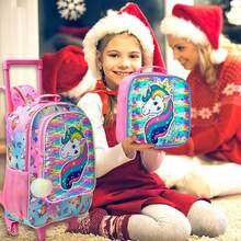 3PCS Rolling Backpack For Girls, Crown Unicorn Kids Roller Wheels Bookbag, Wheeled School Bag With Lunch Bag