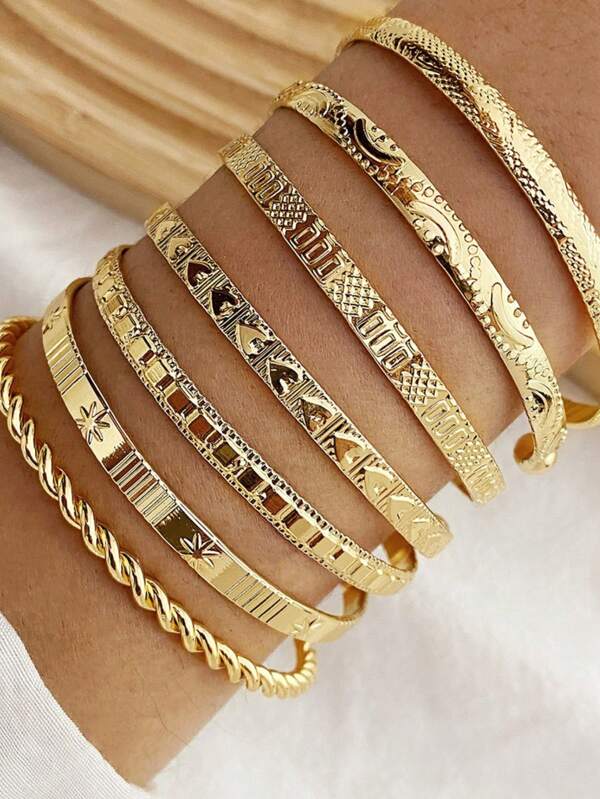 7Pcs Diamond Twist Adjustable Boho Bracelet Set For Women Alloy Open Bangle Minimalist Hypoallergenic Washable Stackable Jewelry Gift