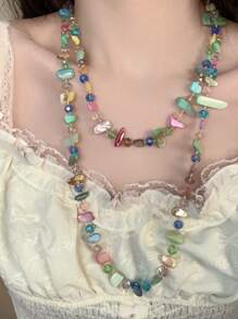 1pc Vintage Versatile Elegant Handmade Natural Shell & Crystal Beaded Long Sweater Chain Necklace