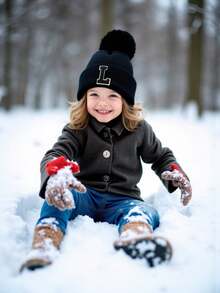 1pc Knit Hat With Pom Pom, Suitable For Baby Boys, Baby Girls, Children, Minimalist Style Winter Warm Hat, Suitable For Outdoor Activities And Daily Commute - Black - View 5
