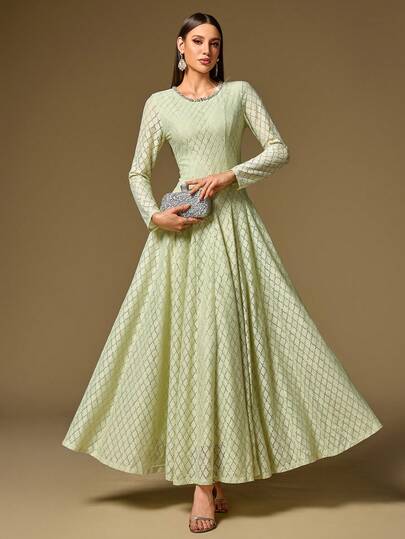 Women's Lace Round Neck Handmade Rhinestone Embellished Long Sleeve Elegant Dress