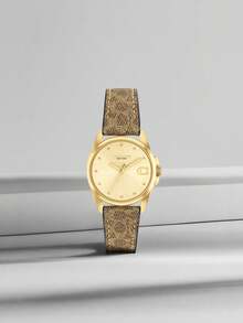 Coach Leather Strap Quartz Watch For Women With Gold-Tone Iconic C Logo Dial And Stainless Case Watch Ladies Luxury Round Analog Wrist Watch - Gold - View 1