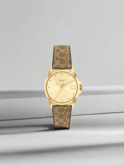 Coach Leather Strap Quartz Watch For Women With Gold-Tone Iconic C Logo Dial And Stainless Case Watch Ladies Luxury Round Analog Wrist Watch