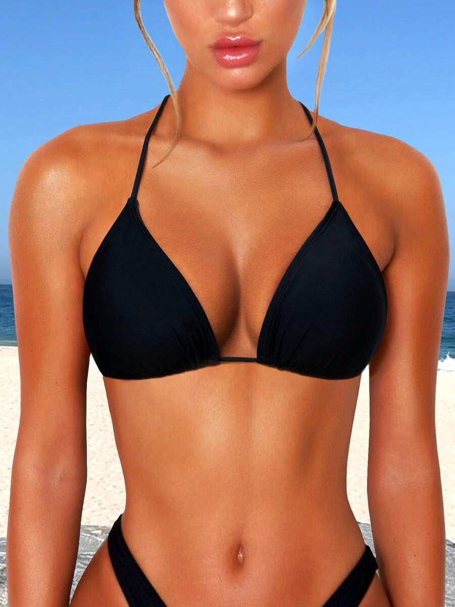 OZICERD Womens Halter Triangle Bikini Tops String Bikini Tops For Women Push Up Bathing Suit Swim Tops Sexy White Red Black Triangle Bikini Top Black Beach Vacation Outfit Halter Tie Bikinis Tops Sexy Triangle Bikini Top Push Up Large Breast Bust Rave Pool Cute Bikinis Party SummerBathing Suit Swim Top Swimwear Removable Paddings - 黑色 - 查看 1